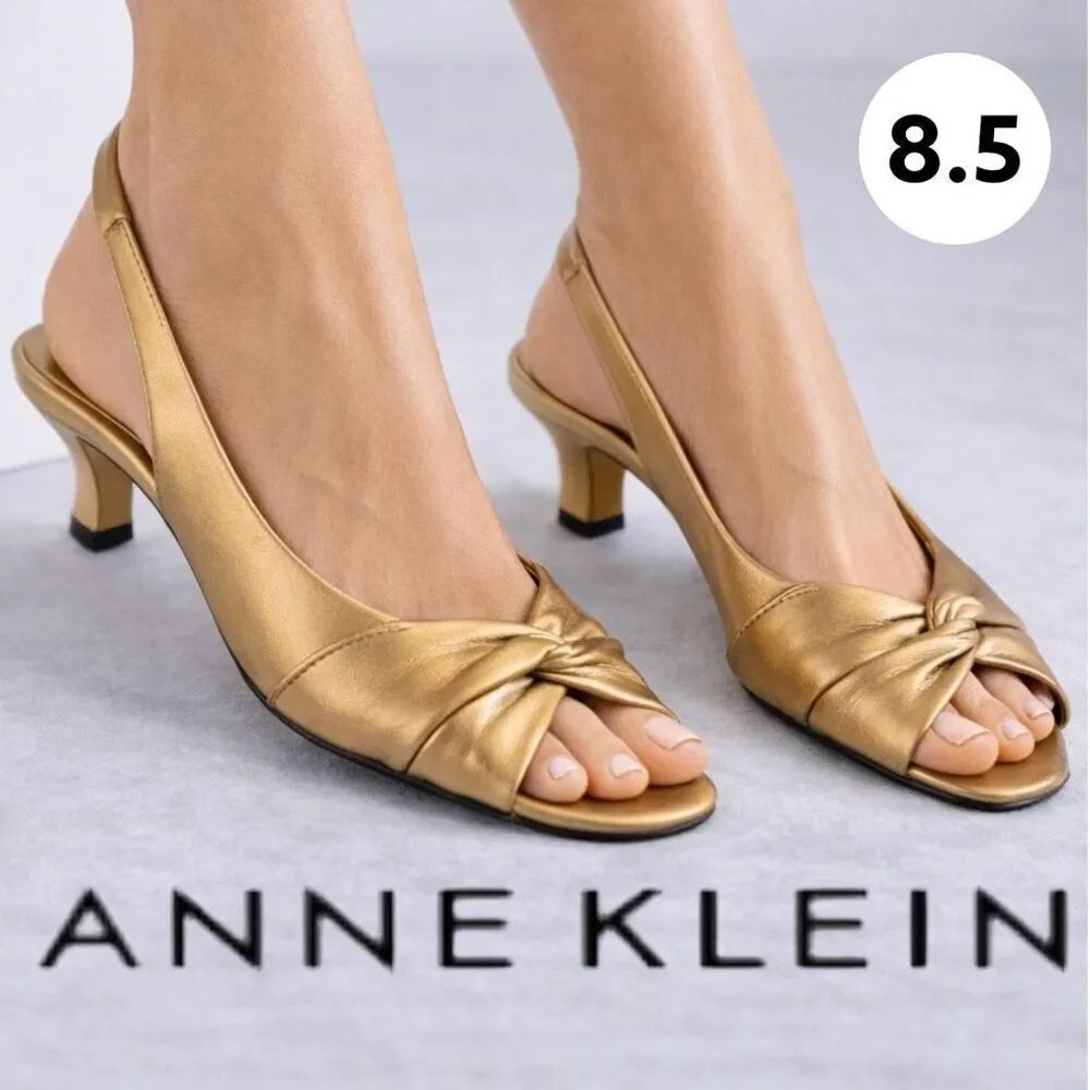 Anne Klein Women's Maimre Metallic Leather Slingback Heels Gold Size 8.5 Vintage